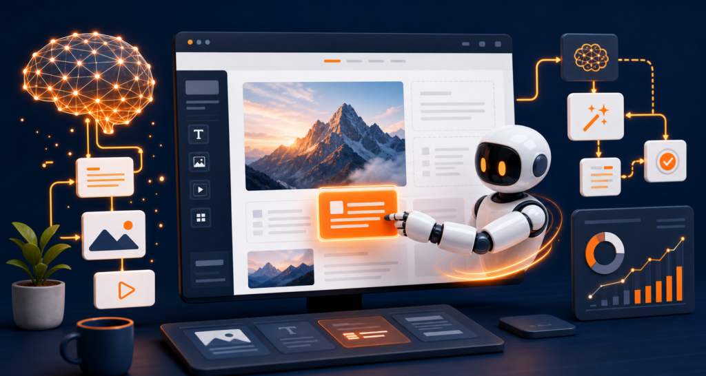 Ilustração moderna de inteligência artificial aplicada ao WordPress